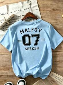 Women Crew Neck Tee, Malfoy 07 Seeker Back Print Short Sleeve, Stretchy All Season Casual Spring Summer Autumn Daily Printed Top, Graphic Summer Tops - 淺藍色 - 查看 2