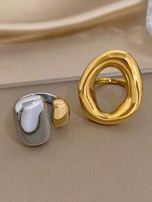 1Pc/Set Irregular Hollow Oval Gold Ring Two-Tone Curved Open Ring Set,Stainless Steel Jewelry For Women,Party,Daily,Birthday Gifts,Halloween,Boho/Y2K - Multicolor - View 3