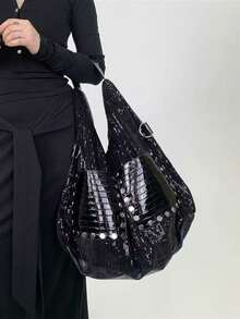 Nicekee Sparkling Rivet Splicing Shoulder Bag, Personalized And For Female Commuting, Suitable For Daily Shopping And Short Distance Travel - Black - View 5