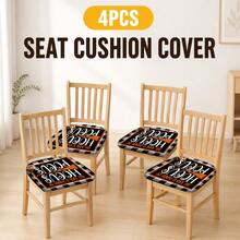 2/4/6pcs Halloween Element Pattern Printed Milk Silk Seat Cushion Cover, High Elastic Full Wrap Dining Chair Seat Cover, Halloween, Can Be Used As Halloween Gift, Halloween Decoration, Removable Washable Dust-Proof Chair Protector, Suitable For Kitchen Dining Chairs, Restaurant Chairs, Living Room Chairs, Office Chairs And Home Decor - Multicolor - View 11