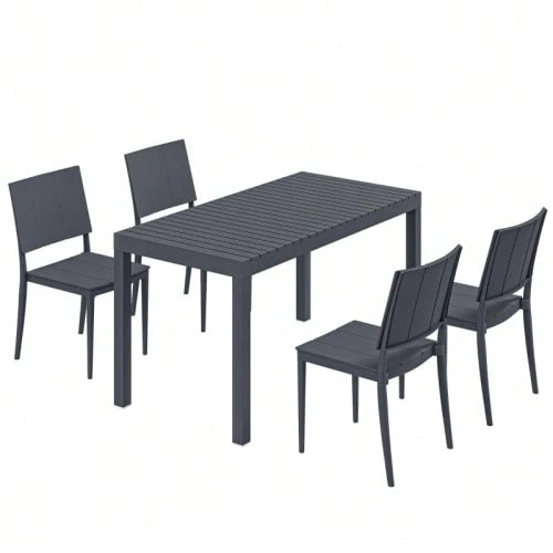 5-Piece Garden Furniture Set, 4-Person Dining Set With Wide Table And 4 Stackable Chairs, Slat Design, Dark Grey - Dark Grey - View 1