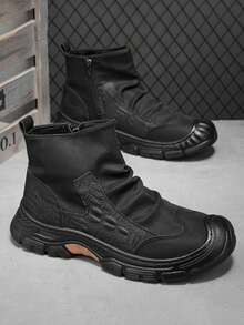 GAISIMA Sepatu Bot Kerja Pria dengan Motif Patchwork Timbul, Resleting Samping, Sol Tebal, Gaya Retro Taktis, Sepatu Bot Setinggi Mata Kaki, Cocok untuk Mendaki Gunung, Aktivitas Luar Ruangan, Pakaian Musim Gugur/Dingin - Hitam - View 3