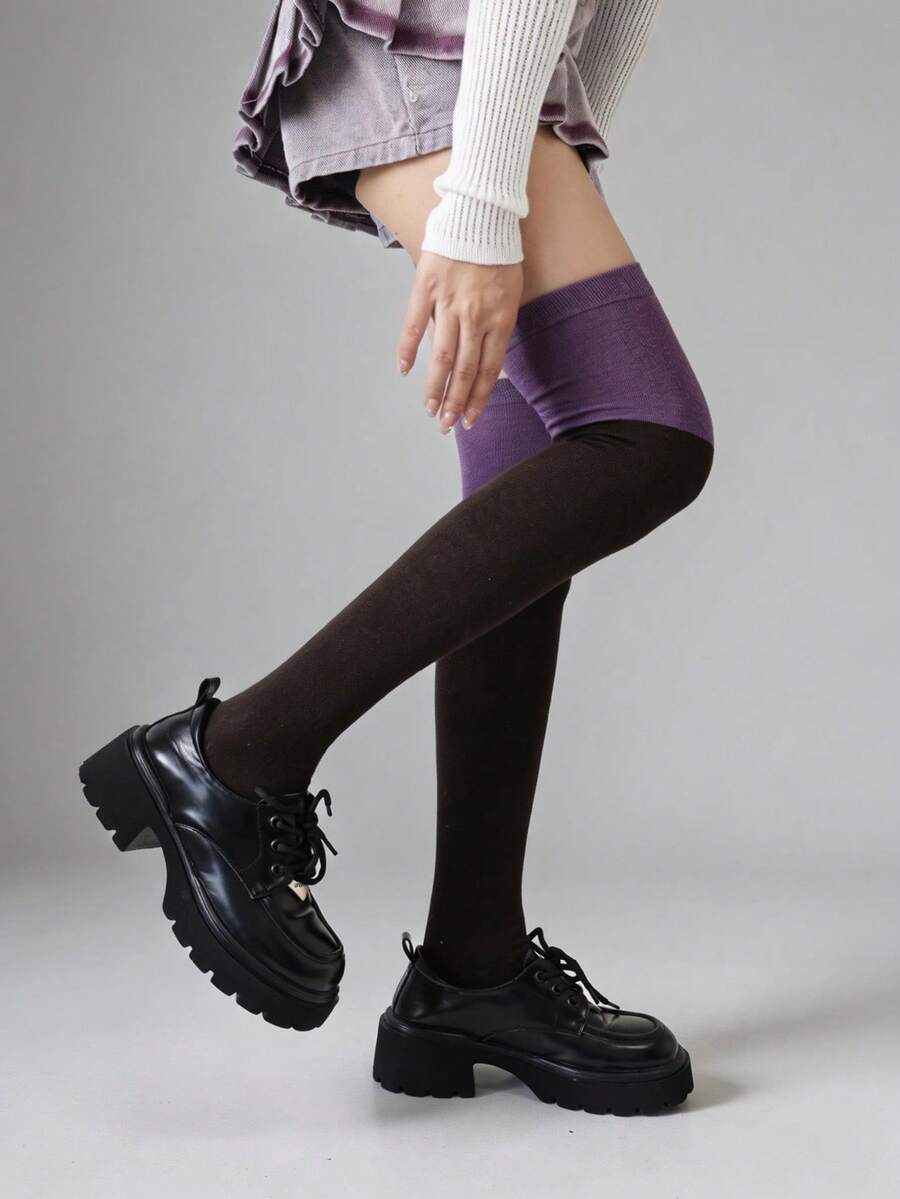 Purple Patchwork Over-The-Knee Socks, Color Block Socks For Women, Thickened Autumn/Winter Warm, Japanese Style Pure Cotton High Tube Long Socks - Multicolor - View 1