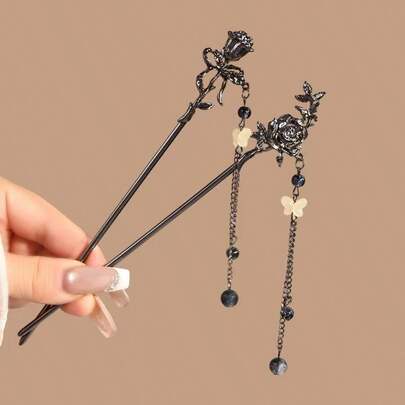2PCS Solid Color Bohemian Zinc Alloy Metal Gun Black Straight Hair Stick, New Chinese Style Back Of Head Hair Pin, Bun Hair Stick, Vintage Style Tassel Hair Ornament, All Season Hair Accessory Headband