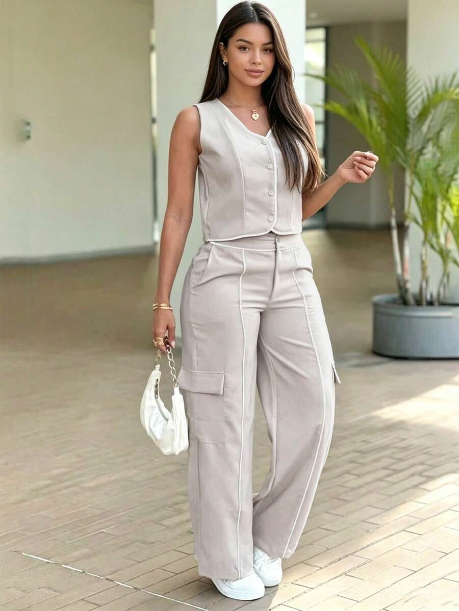 2pcs/Set Women's Spring/Summer Commuting Casual Outfit, Front Button Sleeveless Vest & High Waist Straight Leg Pants With Zipper & Button Pockets Elegant - Apricot - View 1
