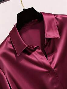 Blus Lengan Panjang Elegan Bergaya Prancis dengan Hiasan Ruffle, Potongan Longgar untuk Wanita dengan Desain Menutupi Perut, Hem Berkerut, Cocok untuk Perjalanan Sehari-hari, Item Fesyen Serbaguna - Burgundy - View 5