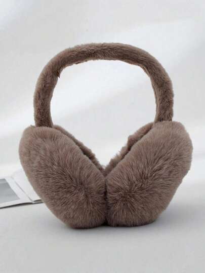 1pc Winter Earmuffs, Coffee Brown Foldable Fuzzy Wool Ear Warmers, Cute Women's Ear Protectors With Adjustable Headband And Soft Wool Lining, Unisex Winter Style, Suitable For Winter Outfits, Halloween, Christmas