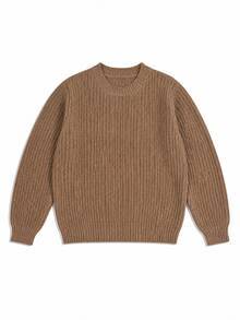 1pc Girls Big Tween Girl Round Neck Chunky Knit Sweater, Loose Lantern Long Sleeve, Ribbed Cuffs, Soft All-Match Versatile Style - Brown - View 3