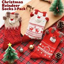 1/3/6/12 Pairs Women's Red Mid-Calf Socks, Printed With Santa Claus, Snowman And Reindeer Patterns, Suitable For Matching Christmas Outfits - Multicolor - View 9