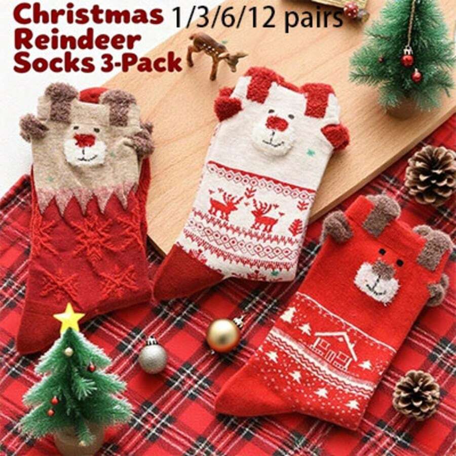 1/3/6/12 Pairs Women's Red Mid-Calf Socks, Printed With Santa Claus, Snowman And Reindeer Patterns, Suitable For Matching Christmas Outfits - Multicolor - View 1