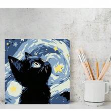 1pc Starry Sky Cat DIY Digital Oil Painting, Black Cat Hand-Painted Number Fill-In Decorative Painting With Inner Frame, Stress Relief Gift For Friends, Suitable For Holiday Parties - Sets - View 3