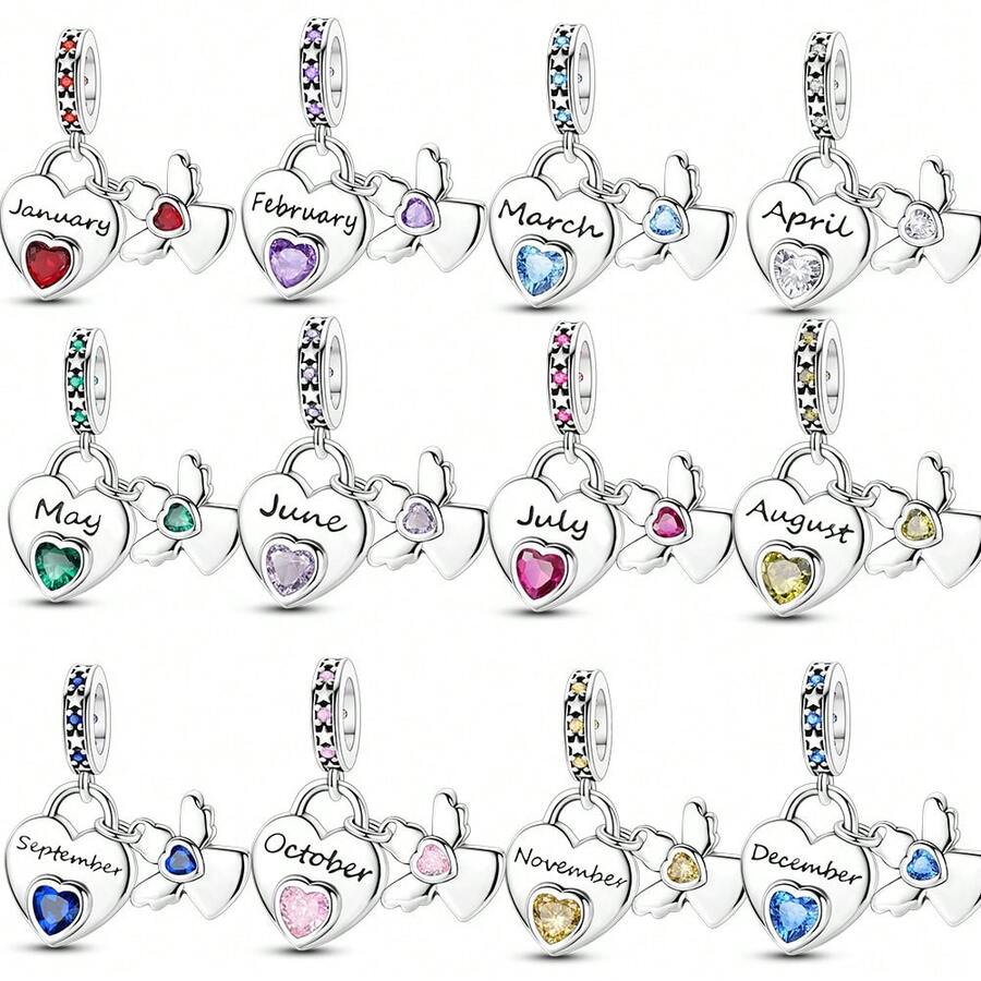 12-Month Guardian Angel Birthstone Series Charms: Birth Month Guardian Angel Pendants For Bracelets And Necklaces, DIY Jewelry Decor, Birthday Gift - Silver - View 1