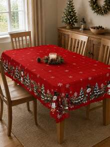 1pc Red Snowman Christmas Tablecloth, Holiday Polyester Rectangular Tablecloth, Printed With Snowflakes, Pine Tree Wreath, Holly Berries And Border Pattern, Suitable For Kitchen Decor, Home Decor, Room Decor, Christmas Home Decor And Classroom Decor - Multicolor - View 12