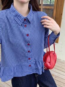 Blus Wanita Motif Kotak-kotak Gaya Korea dengan Kancing dan Hiasan Rumbai - Biru - View 2