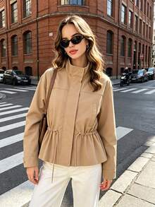 Chaqueta con cordón para mujer, elegante, unicolor, con cuello alto y manga larga, abrigo casual de calle para mujer - Caqui - Ver 8