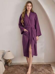1pc Women's Casual Bathrobe, Soft Comfortable Cotton Mesh Double Layer Bathrobe, Home Bathrobe, Sleepwear, Comfortable Set, Suitable For Spring, Summer, Autumn, Winter - Purple - View 6