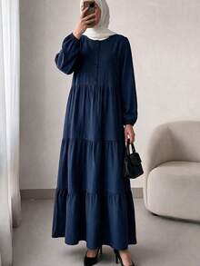Women's Round Neck Half-Button Front Long Puff Sleeve Tiered Dress, Solid Navy Blue Loose Flowy Casual Dress, Autumn/Winter Daily Wear Fall - Navy Blue - View 3
