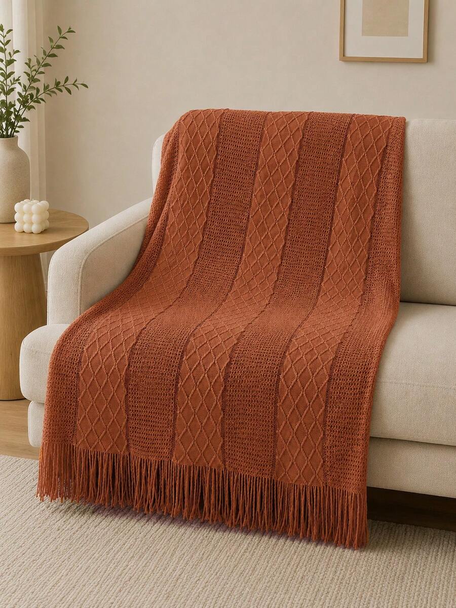 1pc Soft Knit Blanket, Sofa Decor Knit Blanket, Office Nap Blanket, Suitable For Daily Use - Waffle Diamond Caramel - View 1