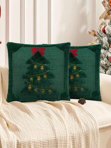 1 pieza/2 piezas Funda de almohada navideña, decoración de estrella amarilla y árbol de Navidad verde, funda de cojín de felpa suave de piel sintética jacquard con lazo rojo, adecuada para dormitorio, sofá, decoración del hogar en invierno y festividades, inserto de almohada no incluido - Verde - Ver 7
