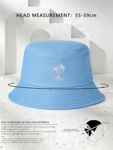 1pc Unisex Y2K Style Embroidered Coconut Tree Bucket Hat, Outdoor Sun Protection Hat Suitable For Outdoor Sports, Sunshade, Daily Commute - Denim Blue - View 3