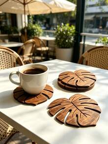 Monstera Leaf Shaped Natural Wooden Coaster, Flat Hollow Heat-Resistant Non-Slip Coaster, Autumn Home Desktop Decoration, Holiday Housewarming Christmas Gift, For Desktop Protection - Multicolor - View 2