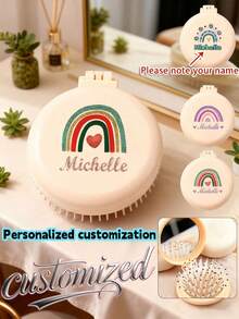 Customized Name, Mini Portable Brush, Built-In Folding Mirror, Air Cushion Massage Comb, Compact Design, Convenient For Travel, Durable Plastic Material, Back-To-School Season - Multicolor - View 2