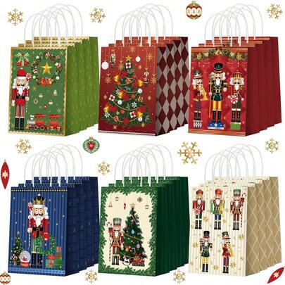 CARRIECUR 6/12/24/30Pcs Nutcracker Christmas Gift Bags, 6 Assorted Designs Kraft Paper Goodie Bags With Paper Handles, Xmas Soldier Tree Wreath Print Treat Favor Bags For Secret Santa, Christmas Party, Classroom, Holiday Gift‑Giving & Winter Festival Supplies