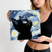 1pc Starry Sky Cat DIY Digital Oil Painting, Black Cat Hand-Painted Number Fill-In Decorative Painting With Inner Frame, Stress Relief Gift For Friends, Suitable For Holiday Parties - Sets - View 2