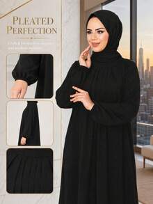 Fashionable Women's Casual Retro Solid Color Round Neck Long Loose Robe, Dignified And Proper Black Spring Fall - Black - View 6