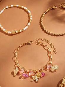 3pcs/Set Beach Rice Bead & Shell Bracelet Set, Summer Versatile Starfish & Shell Rice Bead Bracelet Set - Gold - View 2