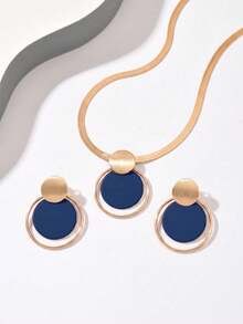 2pcs/Set Autumn/Winter Creative Personalized Necklace & Earring Jewelry Set For Women, Fashion Metal Style, Geometric Brushed Round Disc Hollow Circle Layered Pendant Necklace, Brown & Gold Contrast Color Design, Minimalist Elegant Style, Suitable For Spring, Daily, Party, Gathering, Middle Eastern Style, Wedding Season, Holiday Gift For Best Friend/Girlfriend - Royal Blue - View 4
