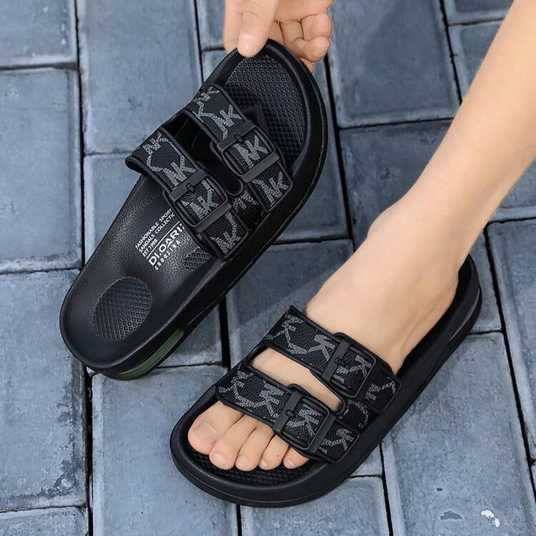 Men's Casual Slippers, Comfortable One-Strap Round Toe Slides, Fashionable Outdoor Beach Sandals For Men - Black and Gray - View 5