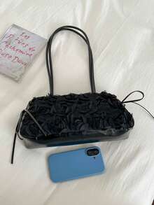 Dedoo Women's Shoulder Handbag With 3D Rose Flower Applique Pattern, Long Spaghetti Strap, Romantic Portable Bag Suitable For Dating, Wedding, Summer Use (Random Pattern) - Black - View 7