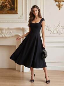QUNGIGU Elegant Women's Dress Square Neck Long A Line For Wedding Guest Cocktail Party Evening Wear - Black - View 2