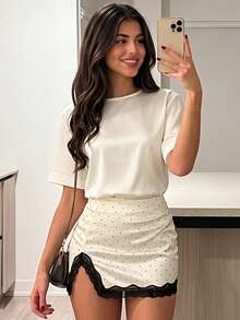 Women's Elegant Polka Dot Lace Patchwork Ruffle Hem Slit Skirt - Apricot - View 1