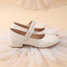1 Pair Girls Floral Pearl Patent Leather Comfortable Round Toe Double Strap Low Heel Sweet Mary Jane Princess Shoes Suitable For Party/Performance - White - View 2
