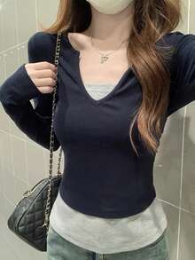 American Vintage Slim Fit Flattering V-Neck Colorblock Patchwork 2 In 1 Long Sleeve T-Shirt - Navy Blue - View 4