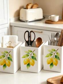 1pc Abstract Watercolor Lemon Branch Multi-Functional Storage Organizer Box - Tableware Storage Box, Desktop Organizer Rack (Suitable For Storing Tableware, Straws, Tea Bags, Pens, Remote Controls); Compact And Space-Saving, Suitable For Kitchen, Office, Living Room (Please Note The Size Before Ordering) - Multicolor - View 4