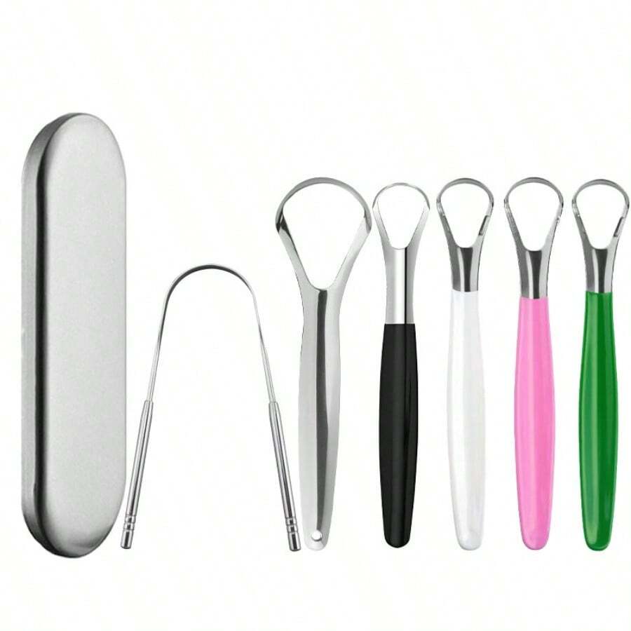 Multi‑Color Tongue Scraper Kit With Storage Case, Stainless Steel Multi‑Style Tongue Cleaners, Reusable Oral Hygiene Tools, Remove Tongue Coating & Reduce Bad Breath, Portable Mouth Care Set For Men Women Home & Travel - Multicolor - View 1