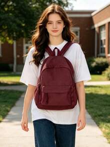 1pc Minimalist Solid Color Nylon Backpack, Woven Rope Zipper Design, Multi-Pocket Compartment Storage, Durable And Wear-Resistant Fabric, Large Capacity, Can Store Books, Stationery And Personal Items, Suitable For Daily School, Short Trips, Versatile And Timeless Style, Recommended Backpack For Back To School Season, Suitable As Christmas Gift, Halloween Gift, Thanksgiving Gift For Students And Teenagers - Multi-color - View 6