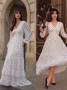 Gaun Wanita Baru Elegan Lengan Panjang dengan Hiasan Ruffle di Bagian Bawah dan Desain Patchwork Motif Polkadot Mewah Warna Putih - Putih - View 4