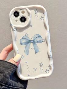 1pc Cream Wavy Edge Phone Case, Beautiful Light Blue Bow & Star Graffiti Wavy Edge Phone Case, Soft TPU Shockproof Anti-Drop Protective Phone Cover, Compatible With Apple 11, 12, 13, 14, 15, 16, 17 Pro Max. Beautiful Phone Case Suitable For Women And Girls, Compatible With Galaxy, Honor, Phones - White - View 3