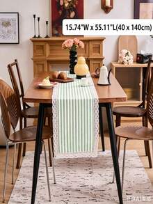 1/16PCS Vintage Minimalist Green & White Striped Lace Table Runner, Reusable Long Tablecloth For Coffee Table, Cabinet, Outdoor Holiday Decor, Suitable For Living Room, Dining Room, Holiday Party, Family Gathering, Wedding Banquet, Birthday Table Decoration - Green - View 11
