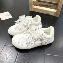 Women's Double Lace-Up Low-Top Casual Lace-Trimmed Cute Student Style Lightweight Comfortable Versatile Commuter Sneakers - Beige - View 2