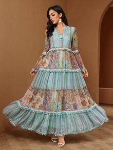 Bohemian Paisley Print Long Sleeve Arabian Dress, V-Neck And Pom Pom Trim Detail - Mint Green - View 3