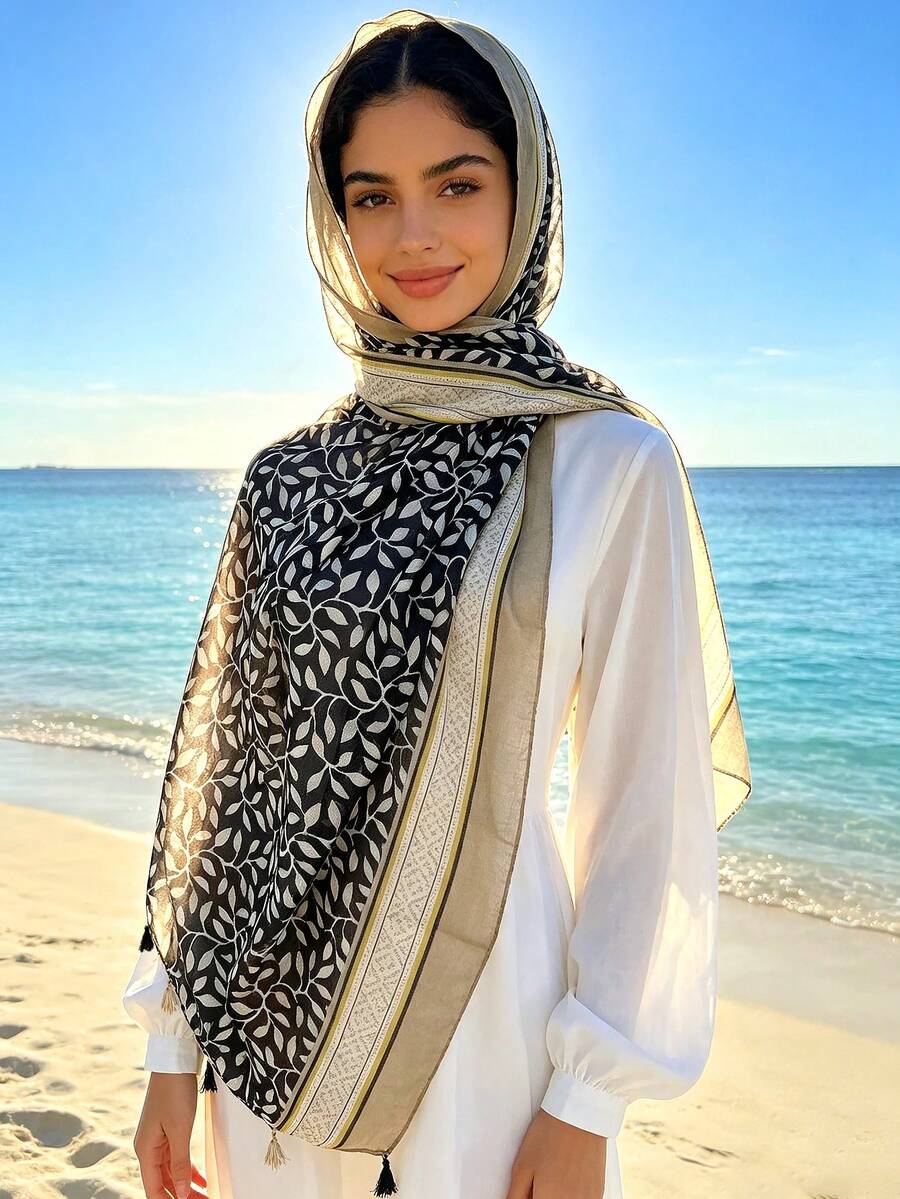 1 Stück einfacher bedruckter dünner atmungsaktiver Quastenschal, eleganter modischer Seidenschal für Damen, heller langer Schal für Frühling/Sommer, Outdoor-Sonnenschutz Strandtuch, vielseitiger Kopfschal - Schwarz - Übersicht 1