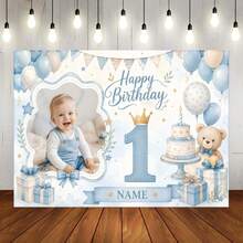 Customizable Photo & Name Pink Blue 1st Birthday Backdrop, Brown Teddy Bear, Gift Box, Bow, Floral, Cake, Heart Balloon Design, Cake Table Background, Vinyl, Party Supplies - Type C - View 20
