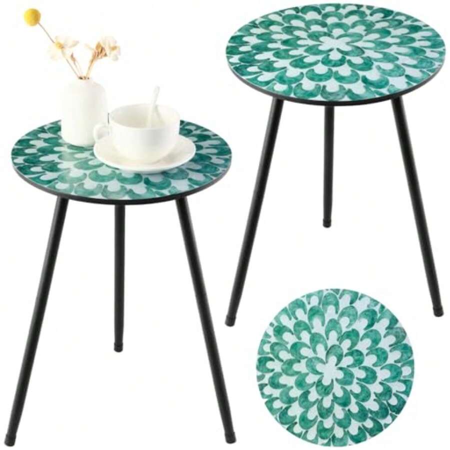 2 Pack de Mesas Auxiliares Redondas de Metal Mosaico 34 cm Mesas de Café Redondas Pequeñas para Exteriores Mesas de Acento de Patio Interiores Soporte de Esquina para Espacios Pequeños Resistente al - Multicolor - Ver 1