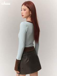 CHUU 女款字母印花 T-shirt 秋冬 2 合 1 拼接撞色修身打底短版上衣 - 藍色 - 查看 4