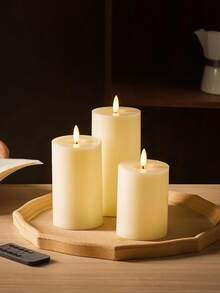 3pcs Flameless Pillar Candles, Battery Powered, Romantic Atmosphere Decor Lights, Smokeless Electronic LED Candles, Suitable For Home, Holiday And Wedding Decoration - Beige - View 6